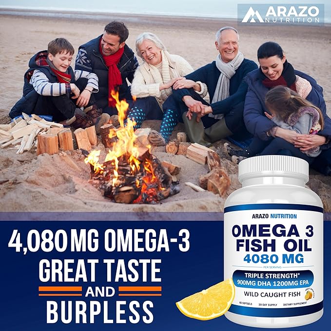 Arazo Nutrition Wild Caught Omega-3 Fish Oil Concentrate – 4080mg per Serving – High EPA 1200mg &amp DHA 900mg – 60 Burpless Lemon Softgels
