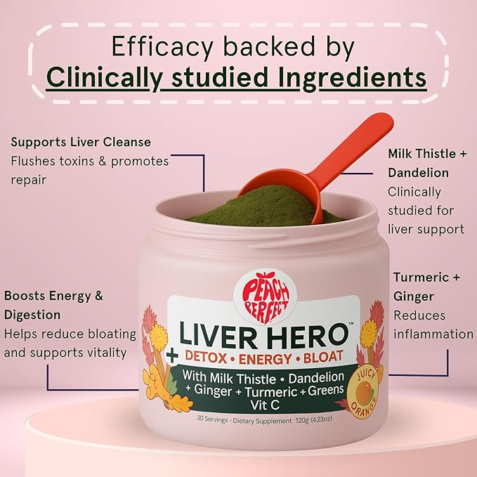 Peach Perfect Liver Hero – Premium Liver Detox and Bloat Support Powder for Women | Milk Thistle Dandelion Turmeric Ginger Chlorophyll and Vitamin C | Daily Energy Digestion and Skin Clarity | Ju