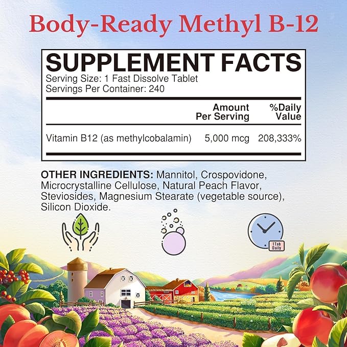 Vitalitown Vitamin B12 (Methyl B12) 5000 mcg Fully Bioactive Form Support Energy Production Natural Peach Flavor Zero Sugar 240 Fast Dissolve Tablets