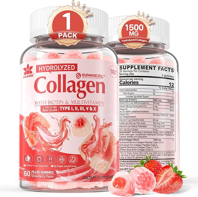 Collagen Peptide Gummies for Women &amp Men Sugar-Free Multi Collagen Hydrolyzed w/ 1500mg Protein Type IIIIIIVX 5000mcg Biotin Methylated B12 Vitamin C A E D3 B6 for Skin Hair Nails Bone 6