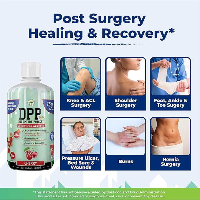DPP Dipeptide Power Wound-Healing 30X More Collagen Dipeptides Than Powder Liquid Protein Supplement Sugar-Free Supports Healthy Tissue Repair Foot Ulcers Cosmetic Surgery (Cherry 32 Fl Oz)
