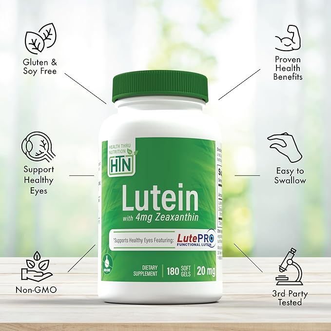 Lutein 20mg with Zeaxanthin 4mg 180 Softgels | Trans-Isomer Marigold Extract in Nature Identical 5:1 Ratio | Supports Healthy Eye Skin and Brain | Non-GMO Soy &amp Gluten Free | by Health Thru Nutri