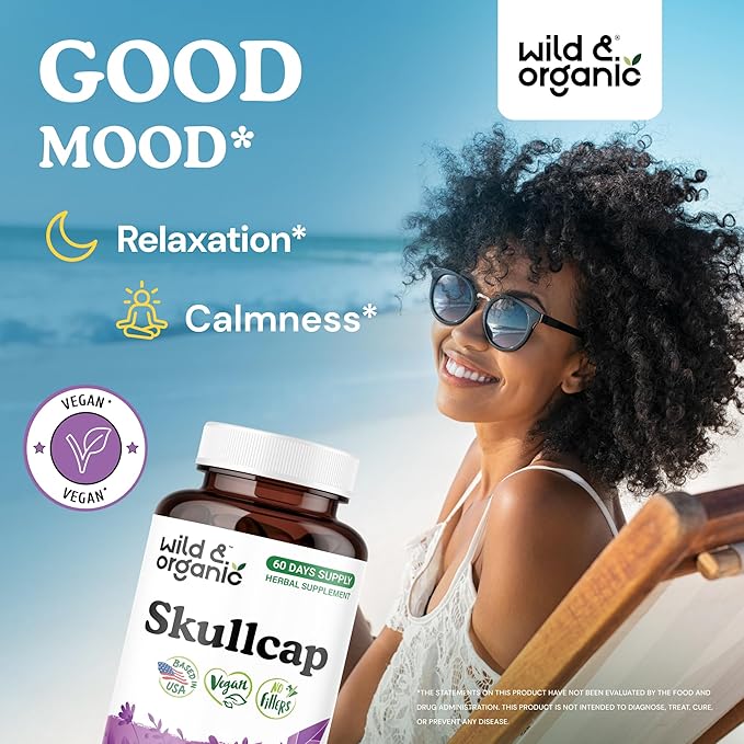 Wild &amp Organic Skullcap Herb Capsules 1200 mg - Calming Skullcap Supplement - 120 Capsules - Scutellaria Lateriflora Leaf Extract - 2-Month Supply - Vegan No Fillers Non-GMO