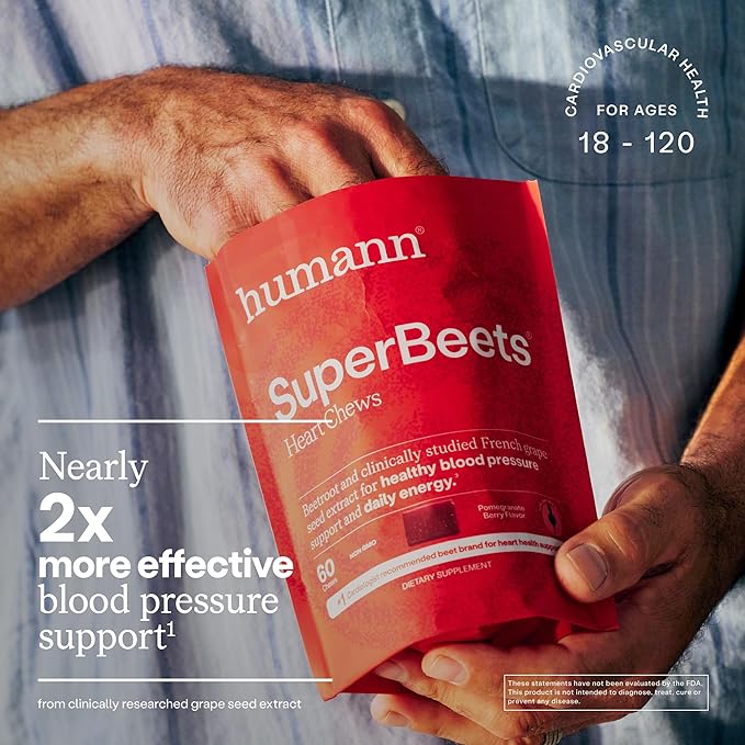 Humann SuperBeets Heart Chews Nitric Oxide and Blood Pressure Support Grape Seed Extract &amp Non-GMO Beet Root Powder Energy Supplement Pomegranate Berry Flavor 60 Count