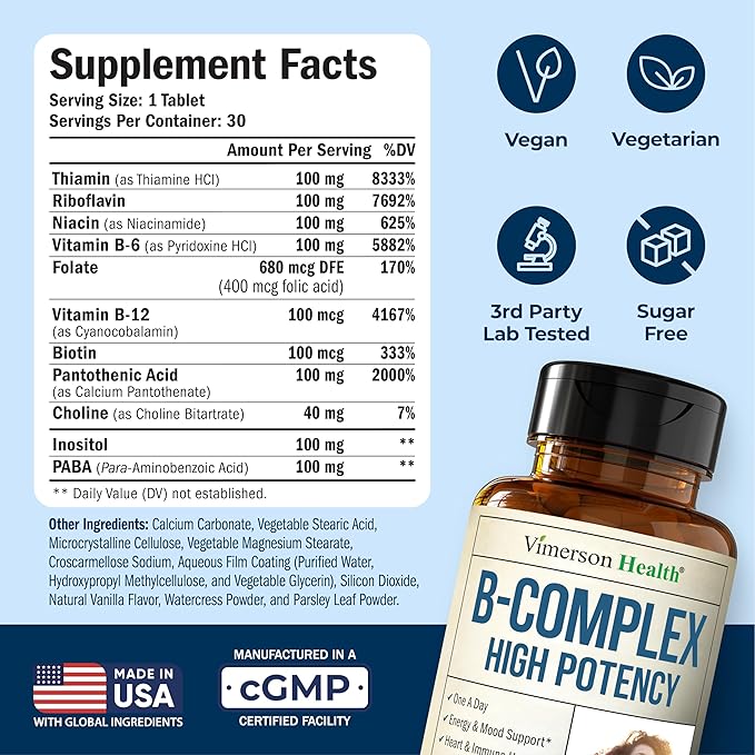 Vitamin B Complex with Vitamin B12 Niacin Vitamin B2 Vitamin B6 Folic Acid 400mcg. B Complex Vitamins for Women &amp Men. Aids Mood Energy Nervous System &amp Immune Support. High Potency. One