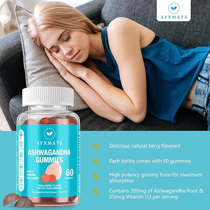 AFXMATE Ashwagandha Gummies &amp Vitamin D Gummies for Men &amp Women 120 Count Aswangdha Supplement (Non-GMO Sugar Free &amp Gluten Free)