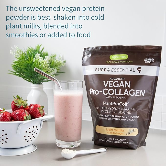 Igennus Advanced Vegan Vanilla Collagen Peptide Powder Enhanced with Glycine Proline &amp Hydroxyproline &amp Cofactor Vitamin C Non GMO Vegetarian Plant Based Collagen Powder Booster 35 Servin