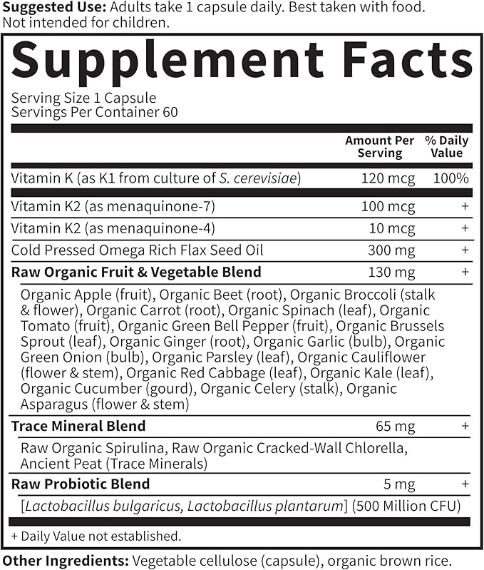 Garden of Life Vitamin K2 and K1 Vitamin Code Vegan K Complex Vitamin for Bone Strength and Heart Health Omega Rich Flax Seed Oil Trace Minerals Probiotics 60 Day Supply