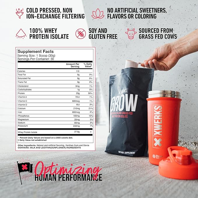 Xwerks Grow Whey Protein Powder 25g Pure Isolate Protein from New Zealand Grass Fed Cows Builds Strength and Speeds Recovery Paleo and Keto Friendly Soy and Gluten Free Strawberry 30 Servings