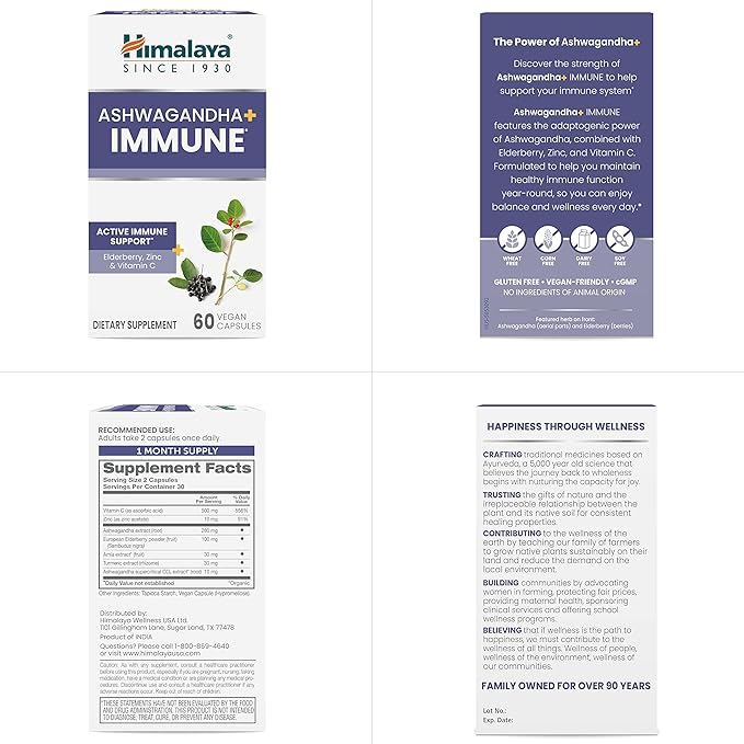 Himalaya Ashwagandha+ Immune - Herbal Immune Support Supplement with Vitamin C Zinc Elderberry and Amla for Immunity - Vegan Non-GMO Gluten Free 960 mg 60 Capsules