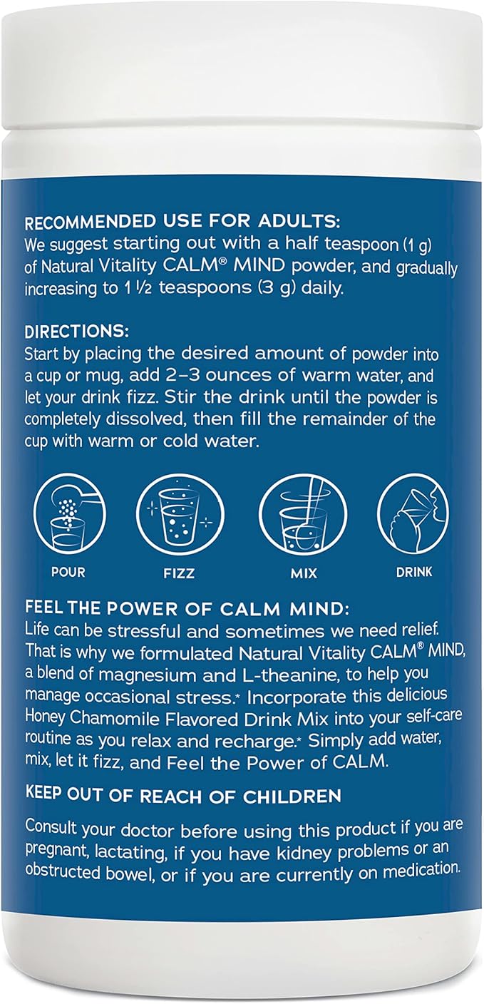 Natural Vitality Calm Mind Magnesium Citrate + L-Theanine Powder Supports a Healthy Response to Stress Gluten Free &amp Vegetarian Honey Chamomile 12 oz.
