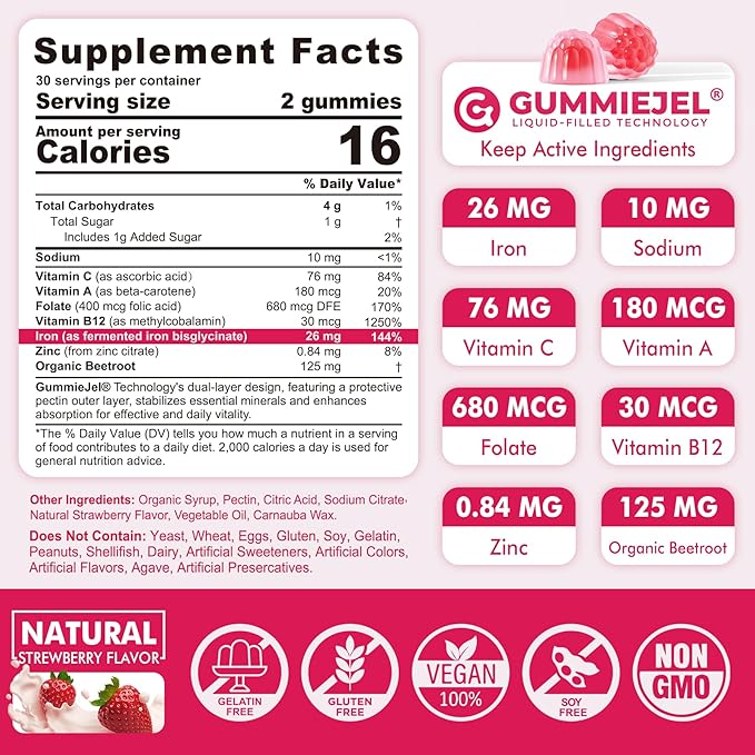 Iron Bisglycinate 26mg Filled Gummies- Gentle Beet Root Iron Gummy plus Vitamin C Supplement Iron with B12 &amp Folate for Women &amp Men Iron Deficiency Immune &amp Energy Support Sugar-Free