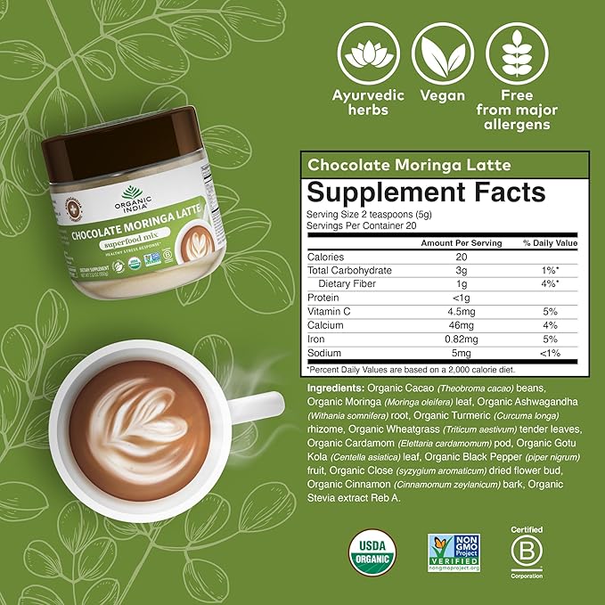 Organic India Chocolate Moringa Latte Powder - Superfood Mix Moringa Leaf Tea With Ashwagandha and Turmeric Dietary Supplement Stress Support Rich Cocoa Caffeine Free - 3.52 Oz