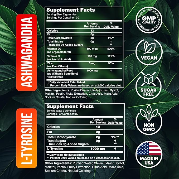 Joyli L-Tyrosine + Ashwagandha Gummies – Focus Memory &amp Mental Clarity Support – Vegan Formula with Vitamin C &amp Zinc – 2 Pack for Adults &amp Kids