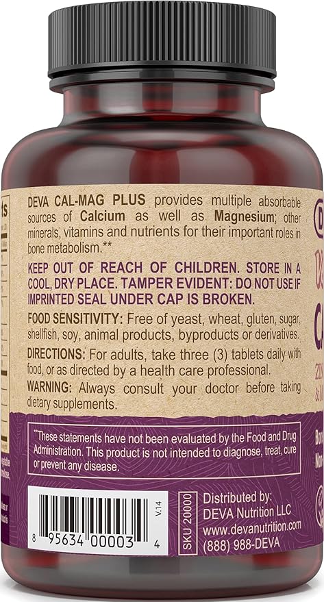 DEVA Vegan Cal MAG Plus Supplement with Calcium Magnesium Zinc Boron Vitamin C D &amp K 90 Tablets 12-Pack