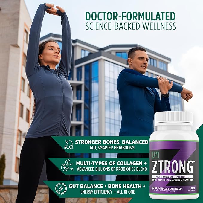 Dr. Zisman ZTRONG Advanced Collagen Supplement – Hydrolyzed Collagen Types I &amp III 400 Billion CFU Probiotic Blend Supports Bone Health Joint Function Metabolic Efficiency – 90 Capsules