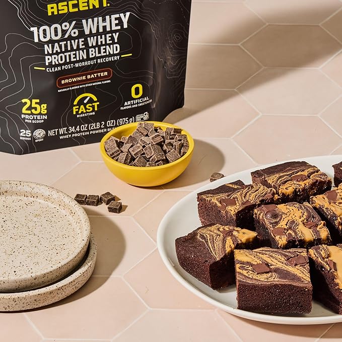 Ascent 100% Whey Protein Powder - Post Workout Whey Protein Isolate Zero Artificial Flavors &amp Sweeteners Gluten Free 5.5g BCAA 2.6g Leucine Essential Amino Acids Brownie Batter 1.7 lb