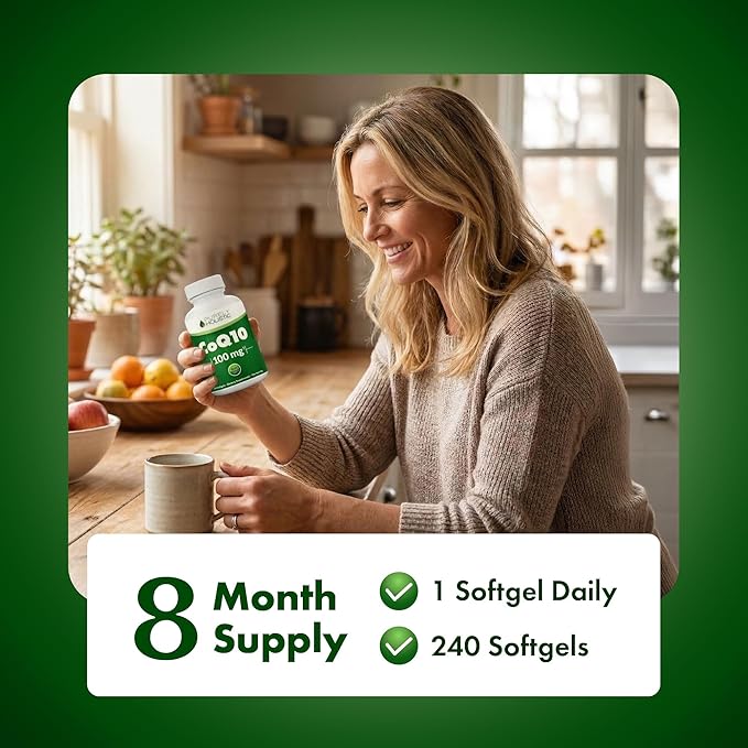 CoQ10 100mg Softgels | Heart Health Support | 8 Month Supply | High Absorption Coenzyme Q10 for Energy Levels &amp Vitality Support | Co Q 10 Supplement | Non-GMO &amp Gluten-Free | 240 Co Q10 Softg