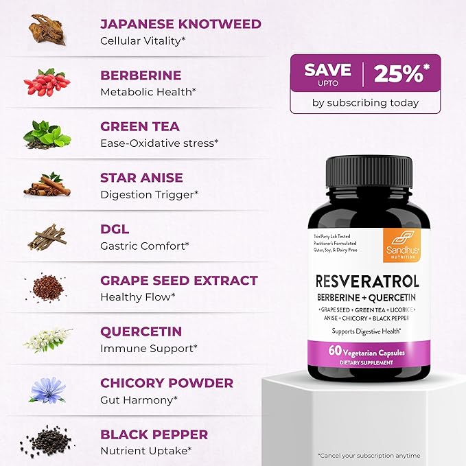 Resveratrol with Berberine Supplement For Gut Health Support | 120 Digestive Capsules For Women &amp Men | With Green Tea Extract Star Anise DGL Grape Seed Quercetin | Helps Ease Bloating &amp D