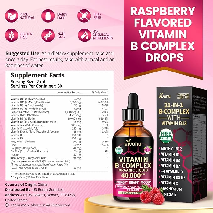 VivoNu 2 - Pack Vitamin B Complex Liquid Drops Vitamin B12 (6000 mcg) B6 B1 B2 B3 B5 and Methylfolate Support Energy Raspberry Flavor Natural Ingredient Non GMO