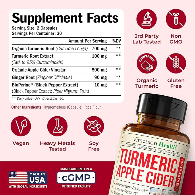Organic Apple Cider Vinegar with Turmeric Curcumin Supplement &amp Ginger for Digestive Health Metabolism Energy &amp Joint Support – Organic Turmeric &amp Apple Cider Vinegar Capsules – 60 Vegan