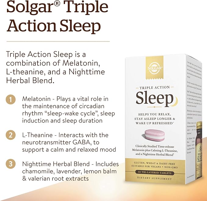 Solgar Triple Action Sleep 60 Tri-Layer Tablets - Time-Release Melatonin &amp L-Theanine Plus Herbal Blend - Helps You Relax Fall Asleep Fast &amp Stay Asleep Longer - Non-GMO Gluten Free - 60 Se