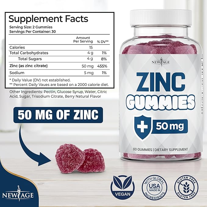 NEW AGE Zinc Gummies - 2 Pack - 50mg High Immune Booster Zinc Supplement Immune Defense Powerful Natural Antioxidant Non-GMO - by New Age 120 Count