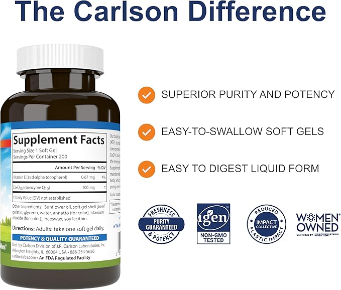 Carlson - Co-Q10 Co-Enzyme Q10 100 mg Energy Production &amp Heart Function 200 Softgels
