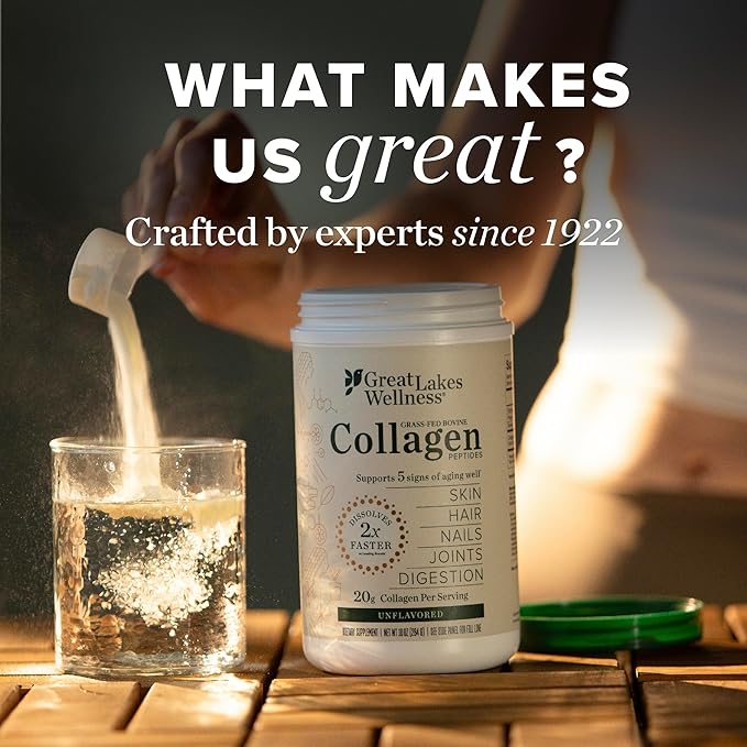 Great Lakes Wellness Collagen Peptides Powder for Skin Hair Nails Joints &amp Digestion - Chocolate Flavored - Quick Dissolve Hydrolyzed Non-GMO Kosher - 10 oz