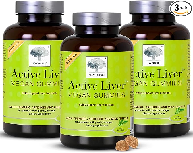 New Nordic Active Liver Gummies Milk Thistle Artichoke &amp Turmeric Supplement Natural Peach &amp Mango Flavor Sugar Free &amp Vegan 60 Count (Pack of 3)
