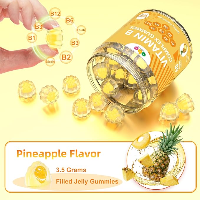 Vitamin B Complex Gummies for Adult Kid-Pineapple Flavor-Chewable Supplement with 8 Essential B Vitamins (B1 B2 B3 B5 B6 B7 B9 B12) Non GMOVegan 60 Count