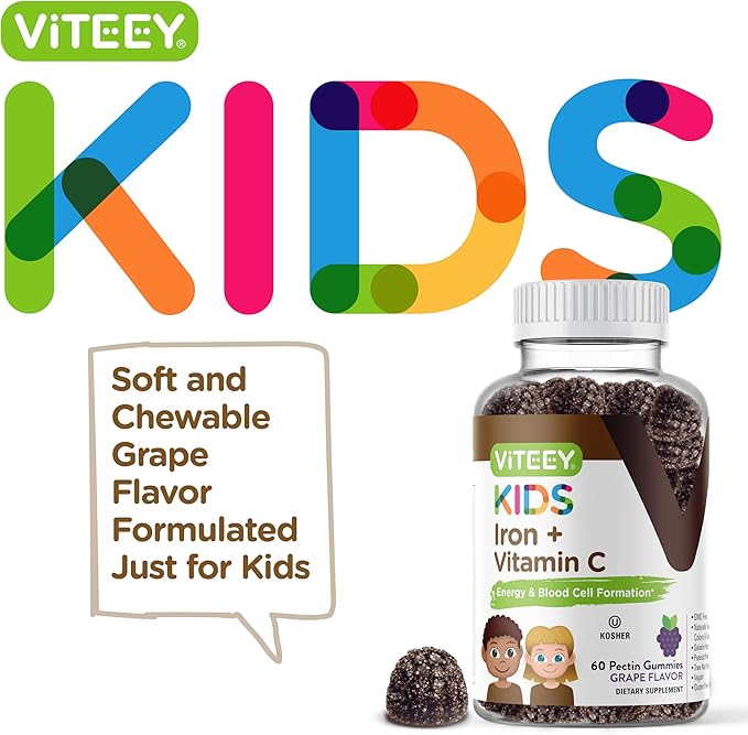 VITEEY Iron for Kids with Vitamin C - Supports Energy Blood Cell Formulation Blood Builder Anemia Kids Iron Supplements - Vegan Gelatin Free Gluten Free - Tasty Chewable Grape Flavored Gummy