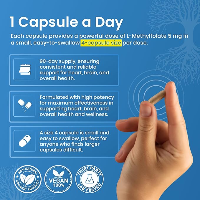 L Methylfolate 5mg | 90 Capsules | Optimized &amp Highly Bioactive Methyl Folate Supplement | 5-MTHF Supports for Energy Focus &amp Mood | Non-GMO Gluten Free Vegan | 3 Month Supply