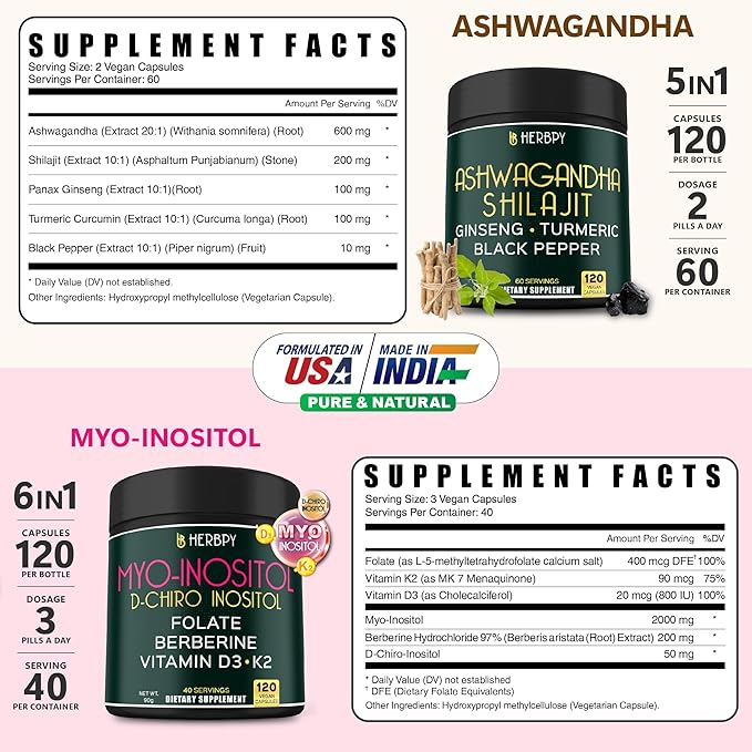 Bundle 5in1 Ashwagandha Shilajit Supplement 120 Count &amp 6in1 Myo-inositol &amp D-Chiro Inositol Supplement for Women 120 Count - Support Overall Health