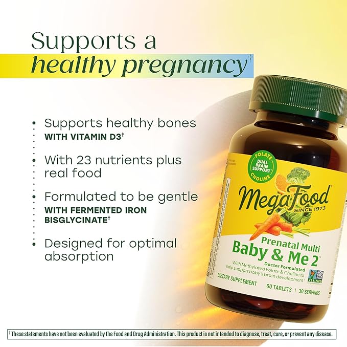 MegaFood Baby &amp Me 2 Prenatal Vitamin and Minerals - Vitamins for Women - with Folate (Folic Acid Natural Form) Choline Iron Iodine and Vitamin C Vitamin D and more - 120 Tabs (60 Servings)