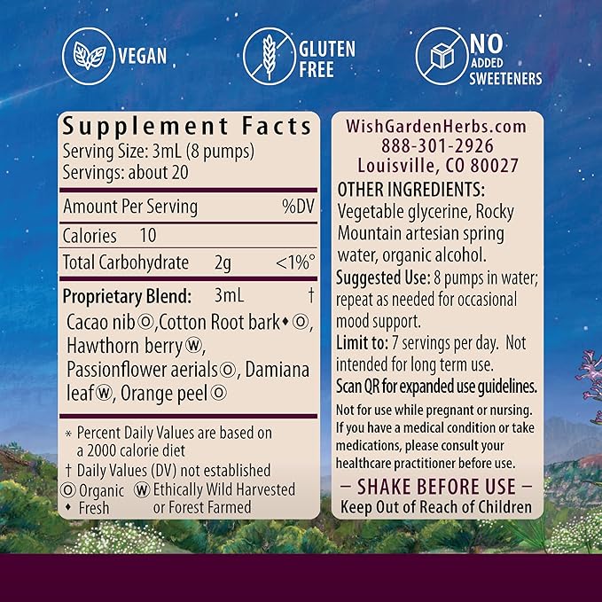 WishGarden Herbs Liquid Bliss Mood Elevator - Plant-Based Herbal Mood Support Supplement Natural Mood Booster with Organic Cacao Cotton Root Passionflower Increases Sense of Connection 2oz