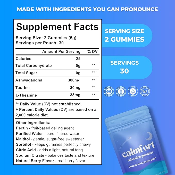 Natural Relaxation Gummies - Deep Sleep Support &amp Premium Stress Relief | 60 Count | Ashwagandha L-Theanine &amp Taurine | Drug-Free Formula | Vegan Friendly