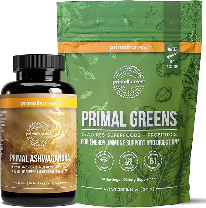 Primal Harvest Daily Two-Step Routine | Ashwagandha + Greens Powder | 2 Pack | 30 Day Supply