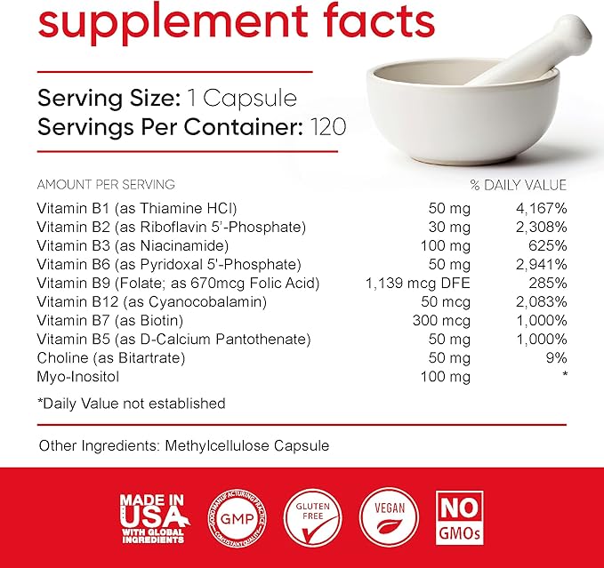 Mega B Complex Vitamin Supplement for Immune Support Nerve Function &amp Normal Energy Metabolism Contains Myo-Inositol &amp Choline for Antioxidant Support 120 Vegan Capsules