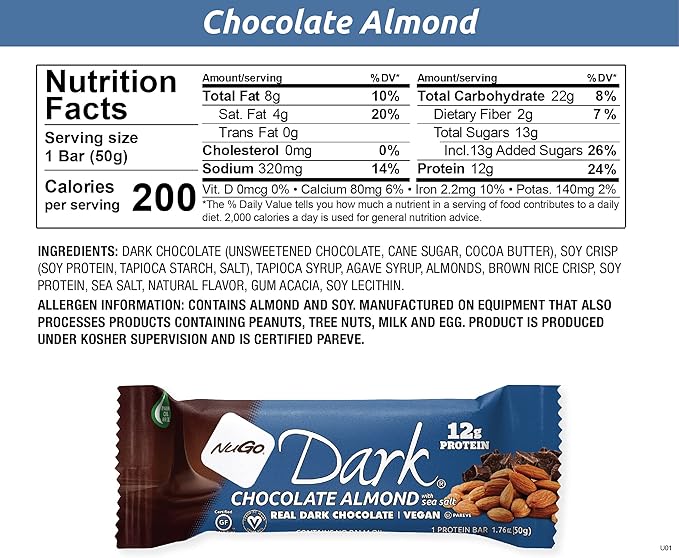 NuGo Dark Variety - Pretzel w/Sea Salt 12 bars &amp New! Chocolate Almond w/Sea Salt 12 bars 12g Protein Bar Vegan Gluten Free Non-GMO Kosher Pareve 24 count