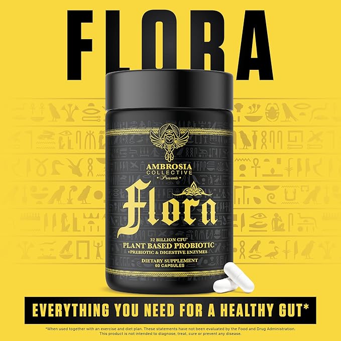 Ambrosia Flora Digestive Enzymes with Probiotics and Prebiotics Plant Based Gut Health Supplement 32 Billion CFU Vegan Probiotic for Digestive Health (30 Servings)