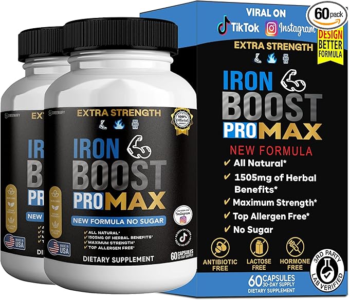 Iron Boost Pro Max Extra Strength Dietary Supplement Organic Maca Root Blend 60 Capsules 30-Day Supply (2)