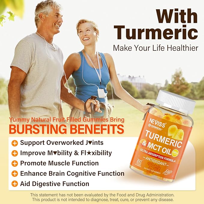 Turmeric Gummies 1000mg w/MCT Oil C8 C10 Organic Antioxidant Turmeric Curcumin Supplement with Black Pepper Extract Support Comfort Boost Energy Ultra Absorption Sugar Free 120Cts