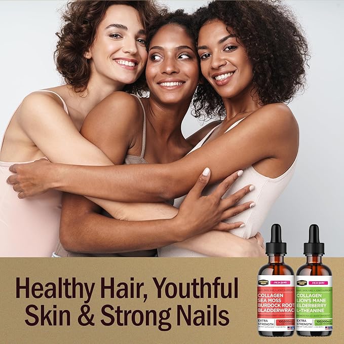 Collagen Mojo Liquid Collagen Peptides with Sea Moss Burdock Root &amp Bladderwrack + Liquid Collagen Peptides with Lions Mane Mushroom Elderberry &amp L-Theanine