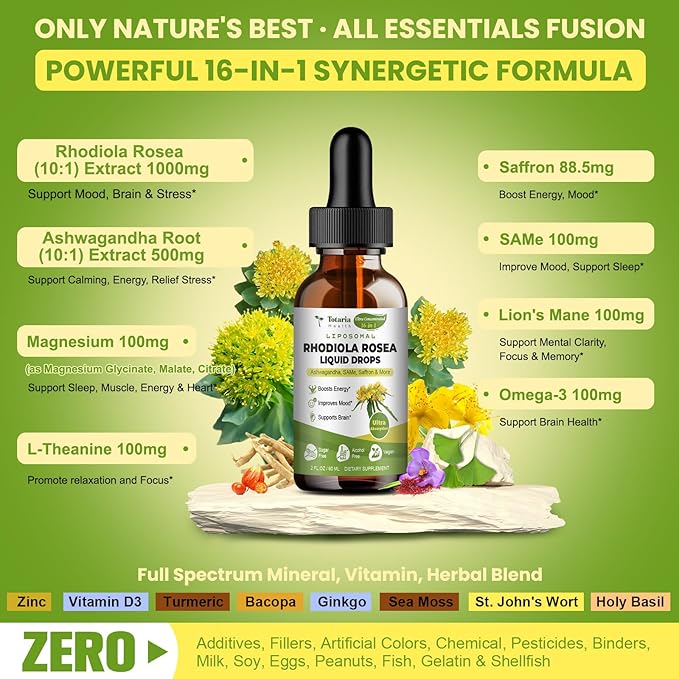 Liposomal Rhodiola Rosea Tincture Ultra Strength Rhodiola Supplement with Ashwagandha Saffron Magnesium SAM-e Rhodiola Rosea Extract Liquid Drops for Natural Relaxation Mood Energy Pack of 2