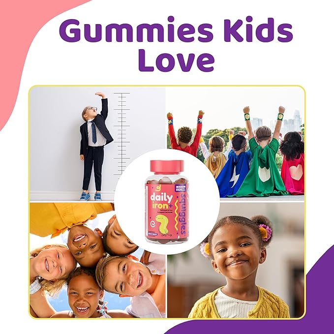Squiggles Kids Daily Iron+ Gummies - Chewable Supplement with Iron Multivitamin for Children Low Sugar Vegan Toddler Gummies Yummy Grape Flavor (100 Count)