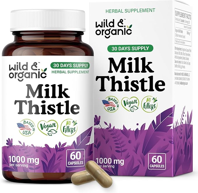 Wild &amp Organic Milk Thistle Capsules 1000mg - Liver Support Supplement - Silymarin Milk Thistle Powder for Liver Cleanse - 60 Vegan Capsules - 1-Month Supply - No Fillers Non-GMO