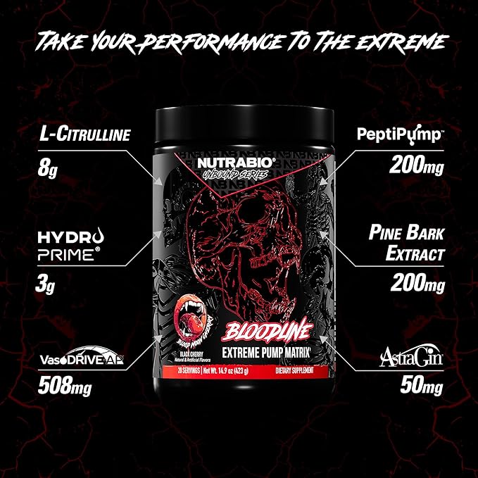 NutraBio Bloodline-Pump Pre Workout Pump Matrix-L-CitrullineGlycerolPeptiPump-NO BoosterExtreme Vascularity &amp Blood FlowHydrationNon Stim PreWorkoutCaffeine Free-Blood Moon Cherry-20 Serving