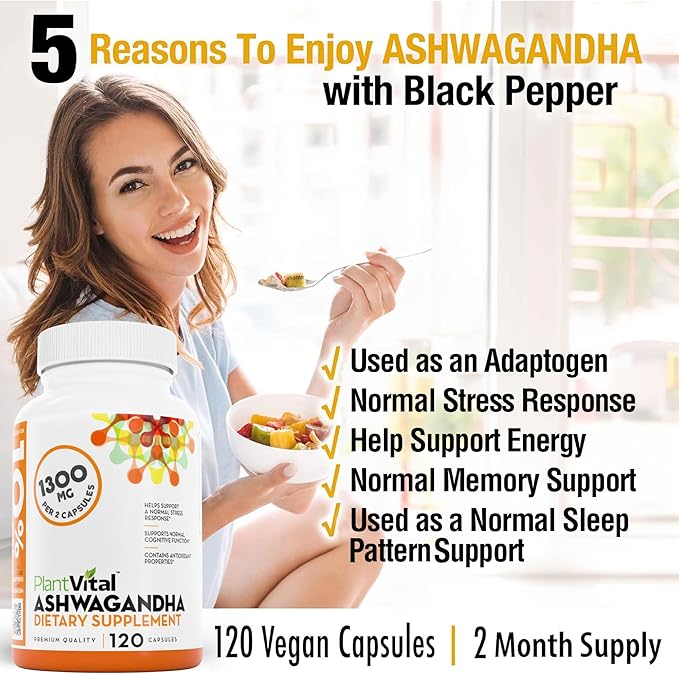 Plantvital Organic Ashwagandha Capsules with Black Pepper 1300mg - 120 Vegan Capsules for Normal Stress Response Normal Sleep and Energy - Non-GMO Gluten-Free Made in USA
