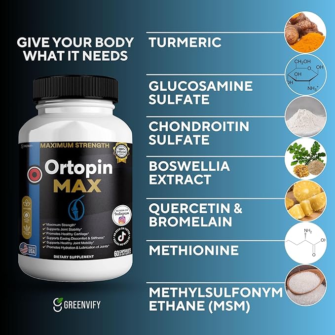 Ortopin MAX Joint Support Supplement Glucosamine Chondroitin Turmeric Boswellia MSM 60 Capsules 20 Day Supply (3)